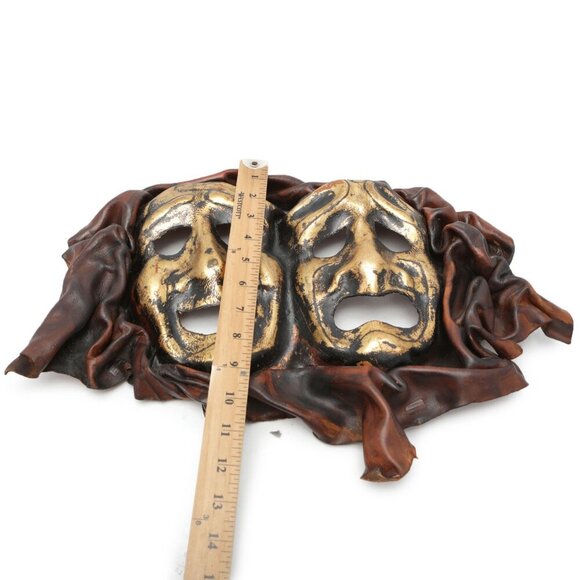 Vintage Leather Comedy Tragedy Masks Wall Decor Theater Brown Gold Brazil - Picture 3 of 9